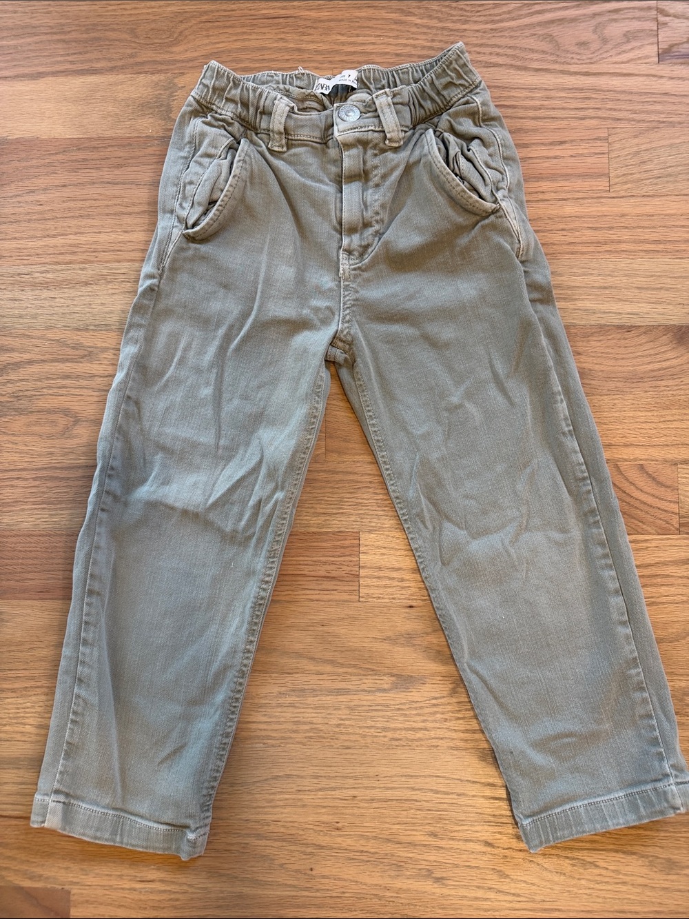Zara Boys Olive Green Relaxed Barrel Leg Pants Elastic Waist Size 7